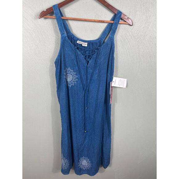 Raya Sun Womens Large Blue Embroidered Drawstring Tie Back Sleeveless Tank Dress - Picture 9 of 11